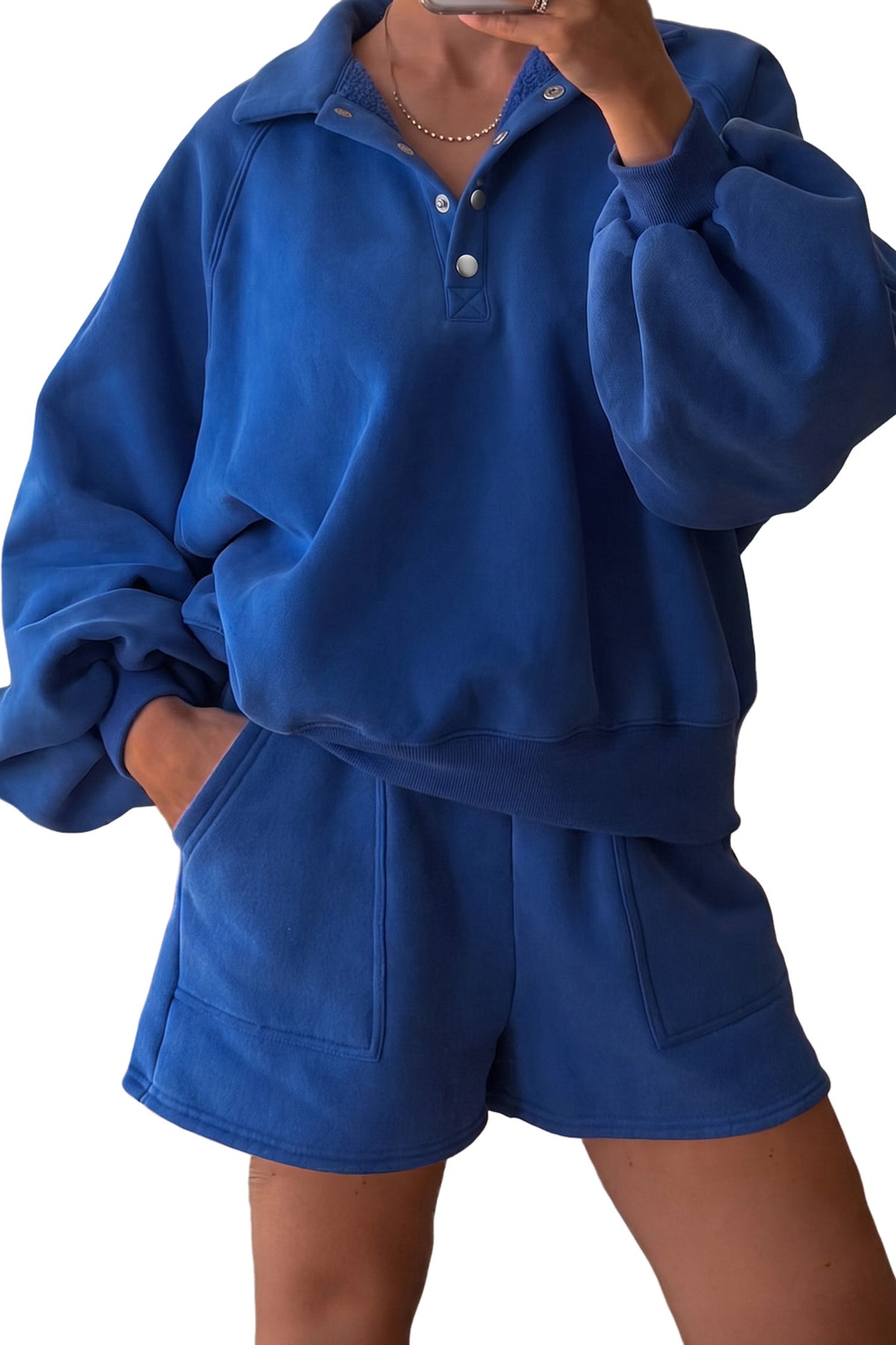 Fiery Red Half Button Puff Sleeve Relaxed Pullover and Shorts 2pcs Outfit