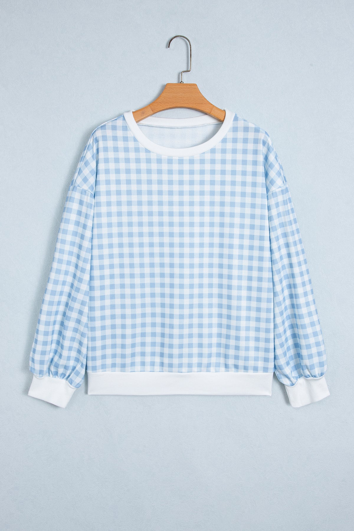 Pink Plaid Round Neck Long Sleeve Sweatshirt