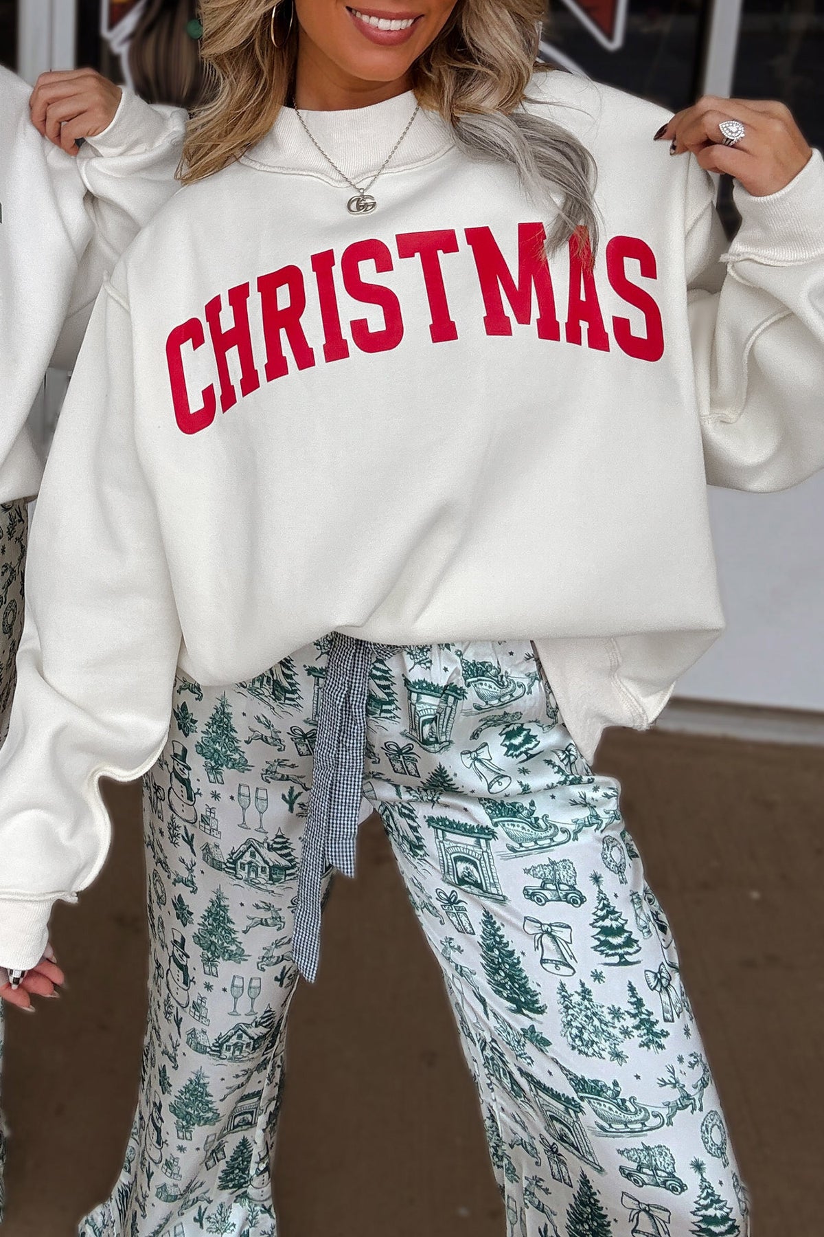 Fiery Red MERRY/CHRISTMAS Reversible Print Mock Neck Baggy Pullover Sweatshirt
