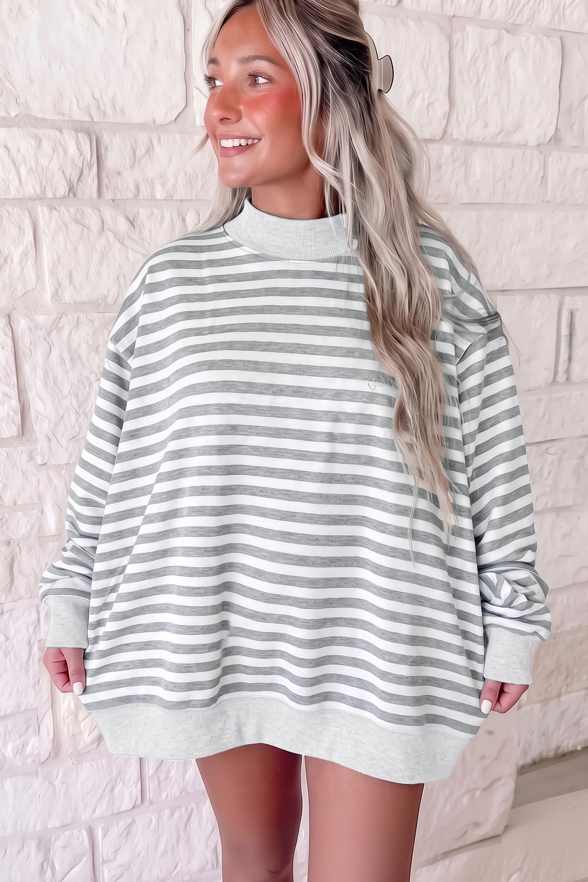 Green Stripe Cozy Mock Neck Oversized Tunic Sweatshirt