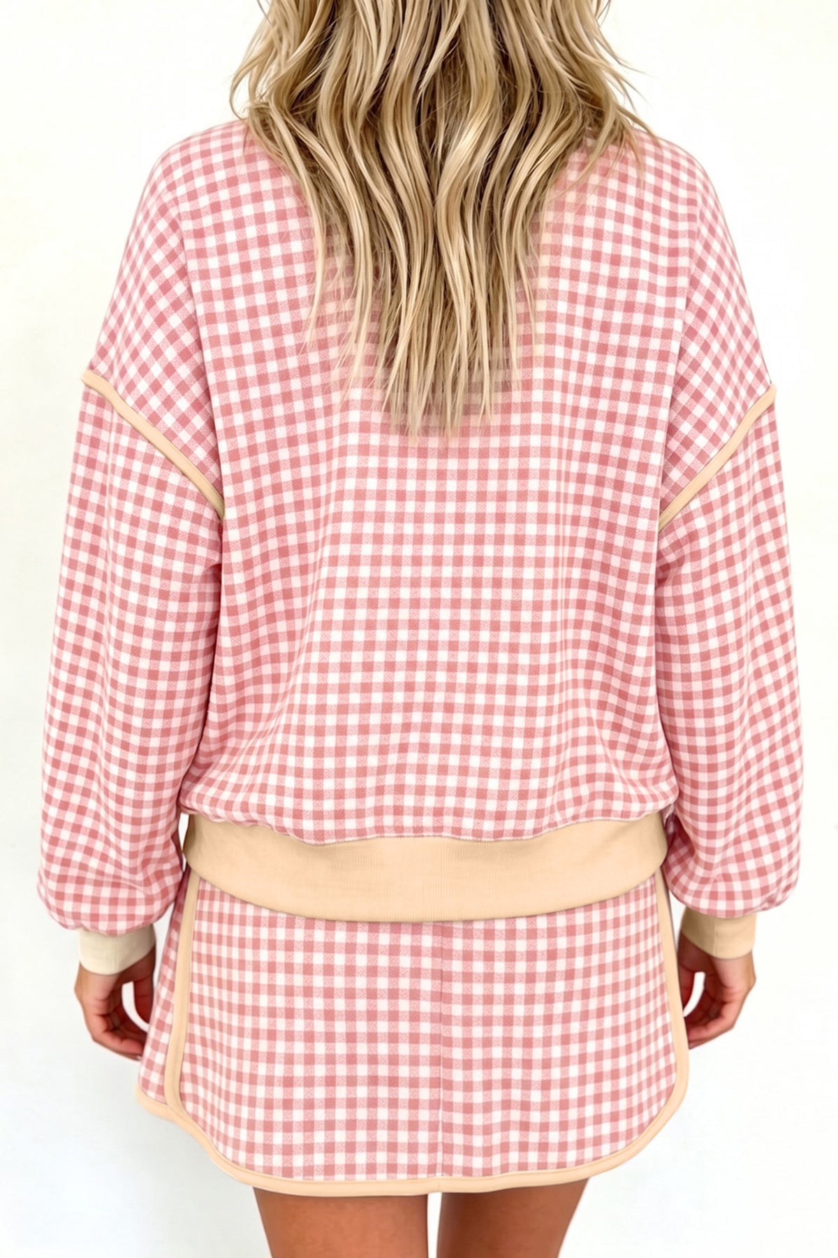 Red Gingham Oversized Ribbed Trim Crew Neck Long Sleeve Top and Skort Set
