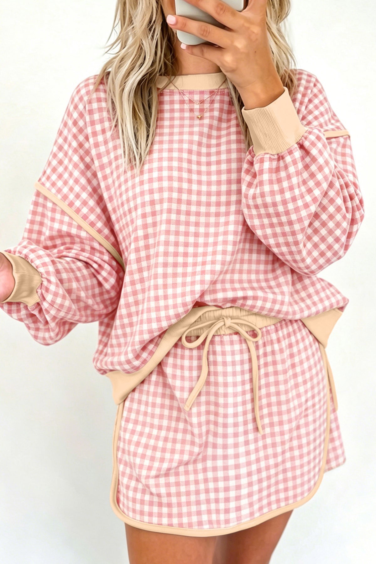 Red Gingham Oversized Ribbed Trim Crew Neck Long Sleeve Top and Skort Set