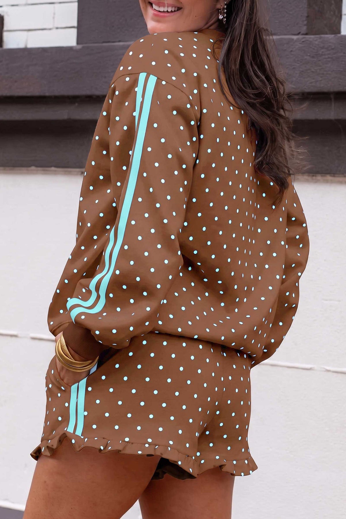 White Polka Dot Print Side Stripe Detail Casual Sweatshirt 2pcs Short Set