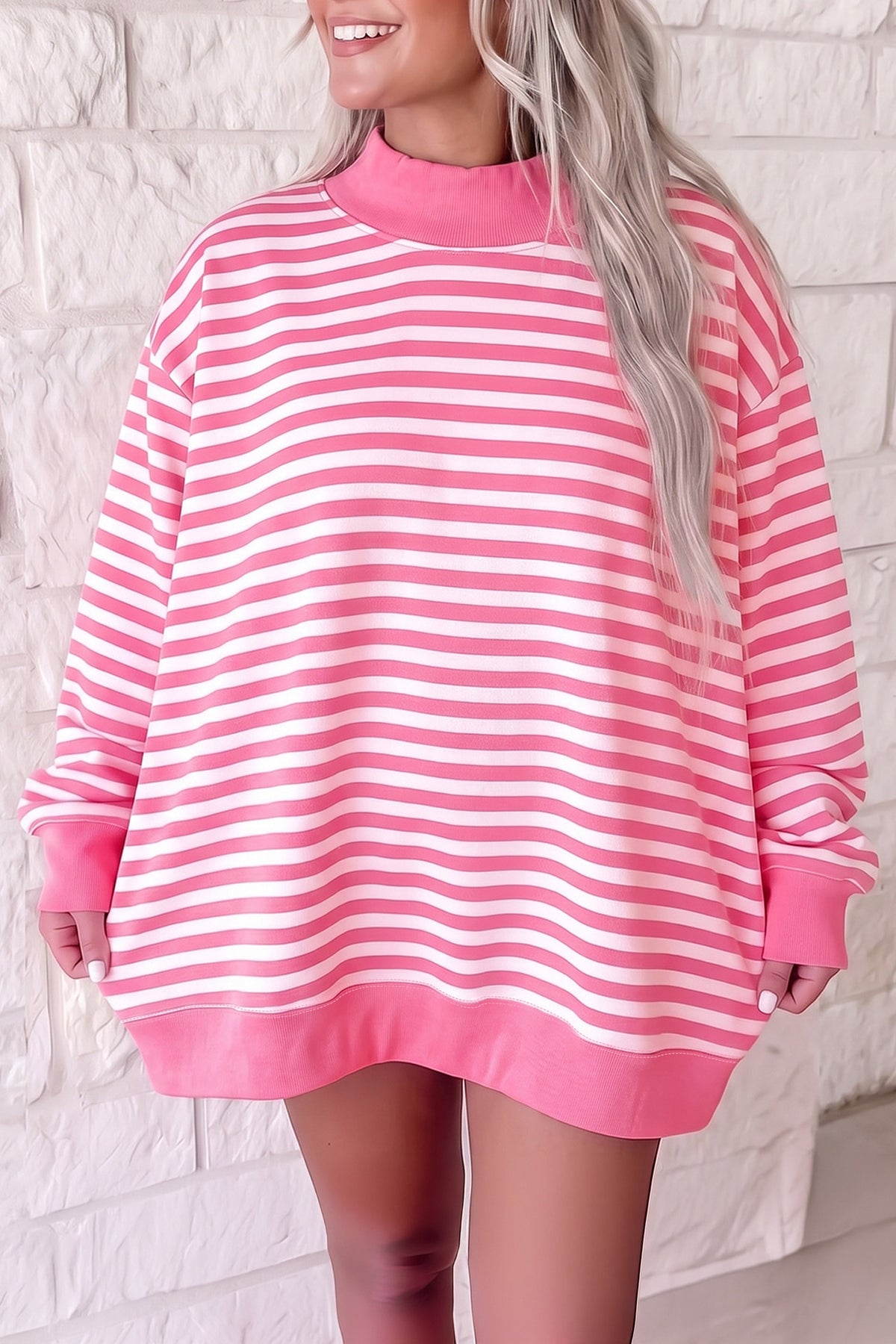 Green Stripe Cozy Mock Neck Oversized Tunic Sweatshirt
