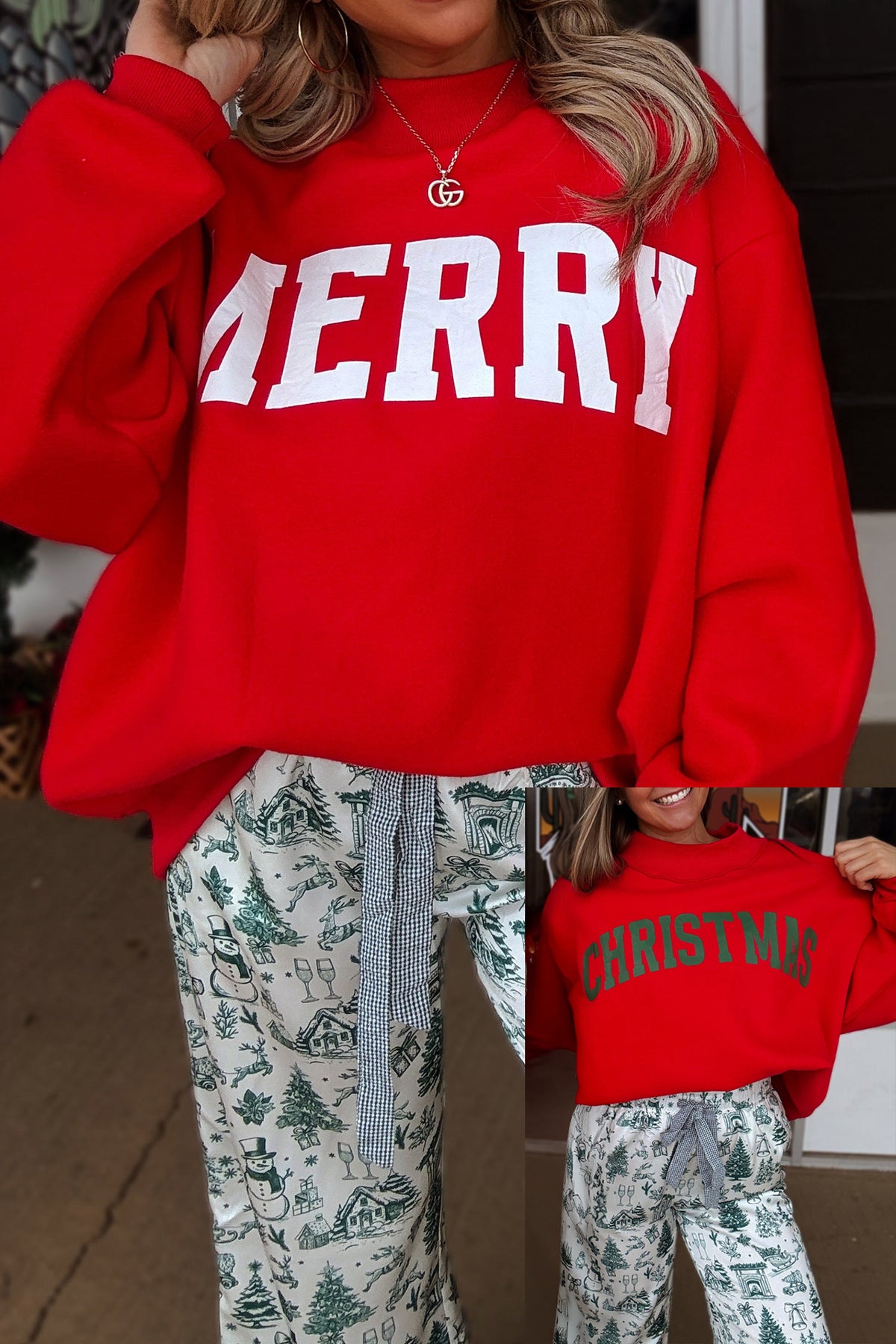 Fiery Red MERRY/CHRISTMAS Reversible Print Mock Neck Baggy Pullover Sweatshirt