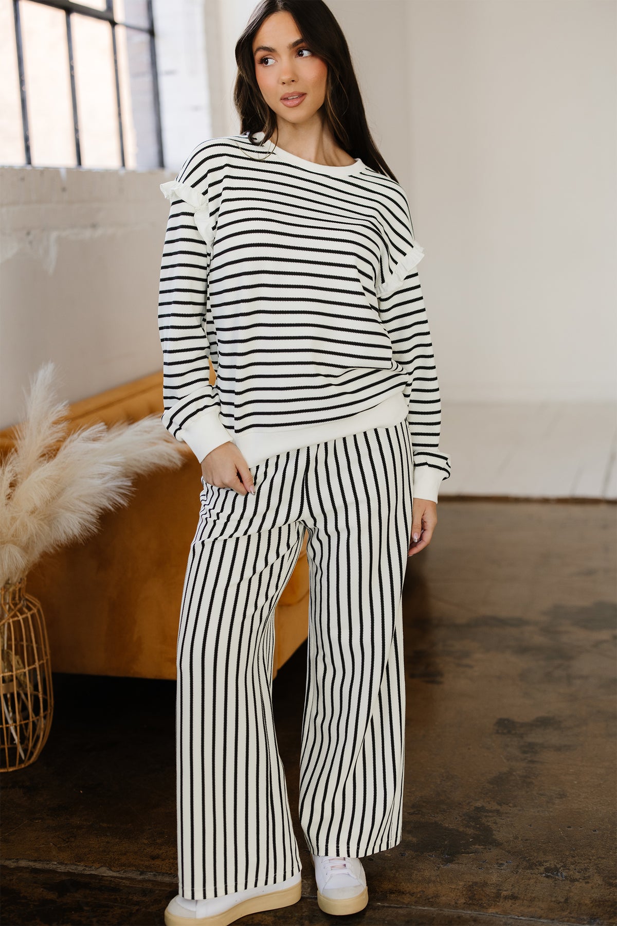 White Stripe Ruffle Trim Drop Shoulder Top Drawstring Loose Pant Set