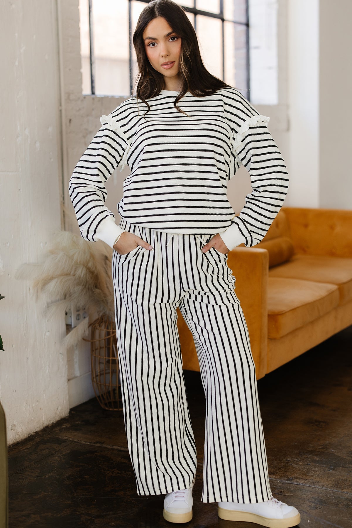 White Stripe Ruffle Trim Drop Shoulder Top Drawstring Loose Pant Set