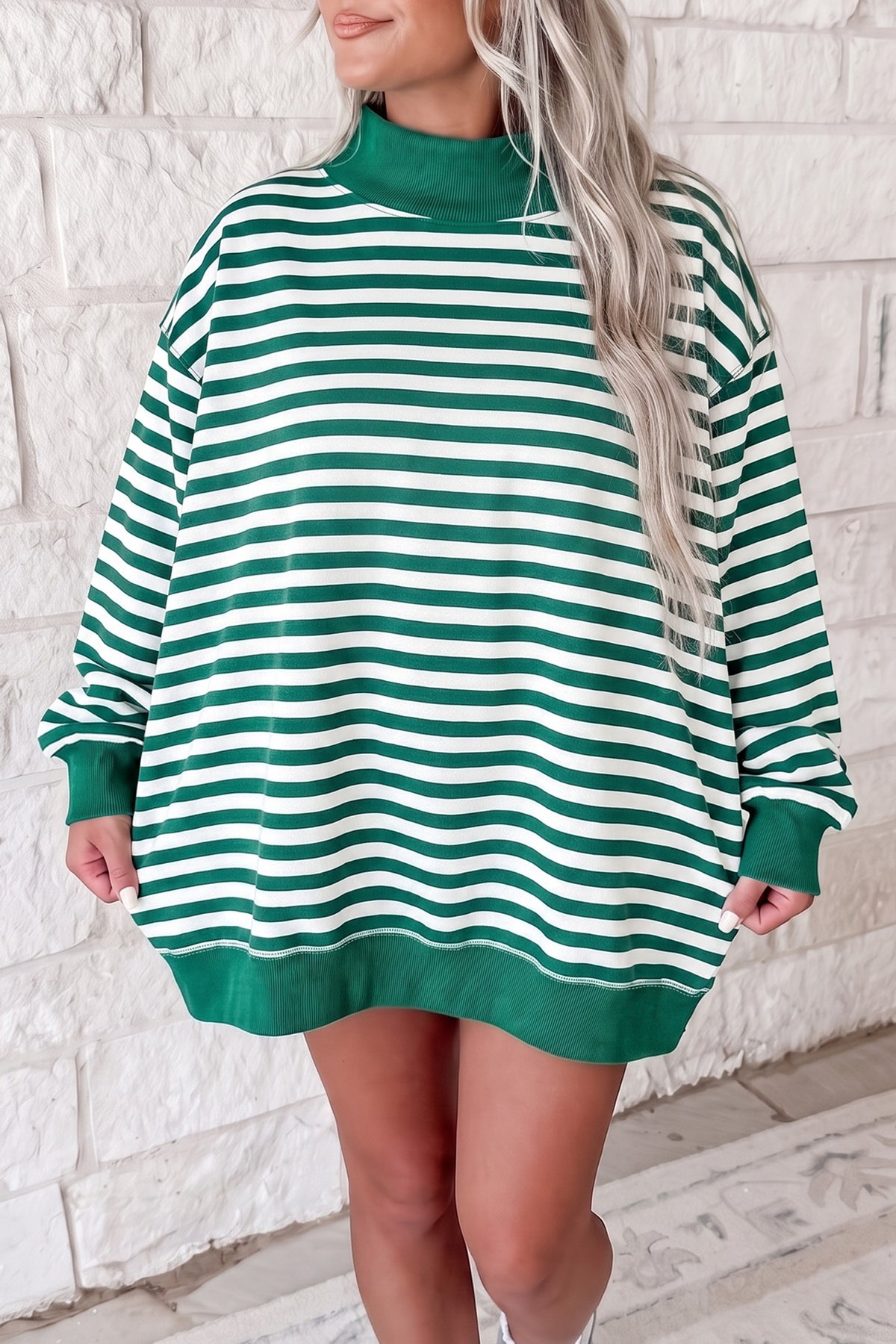 Green Stripe Cozy Mock Neck Oversized Tunic Sweatshirt