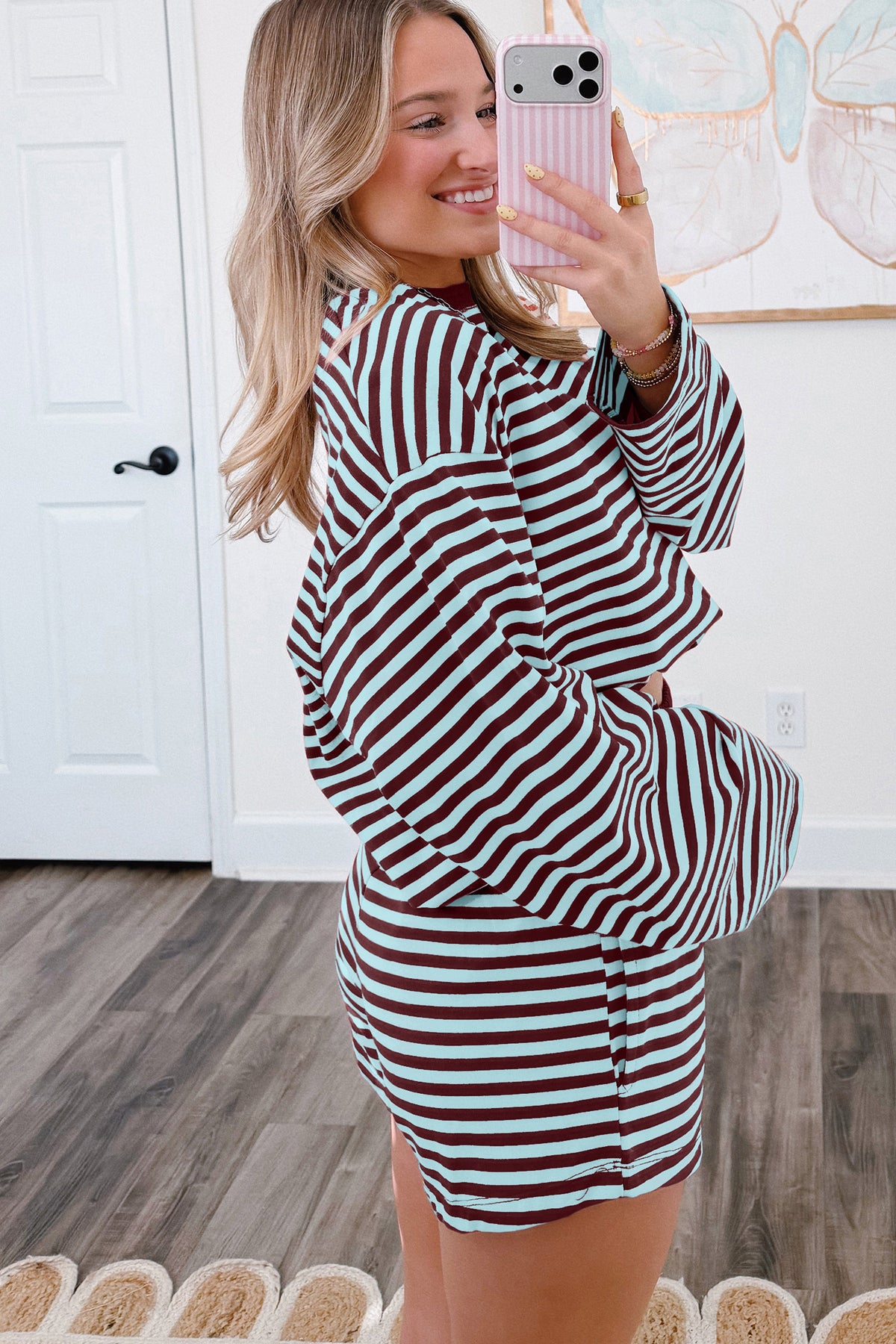 Brown Stripe Relaxed Long Sleeve Top Contrast Elastic Waistband Short Set