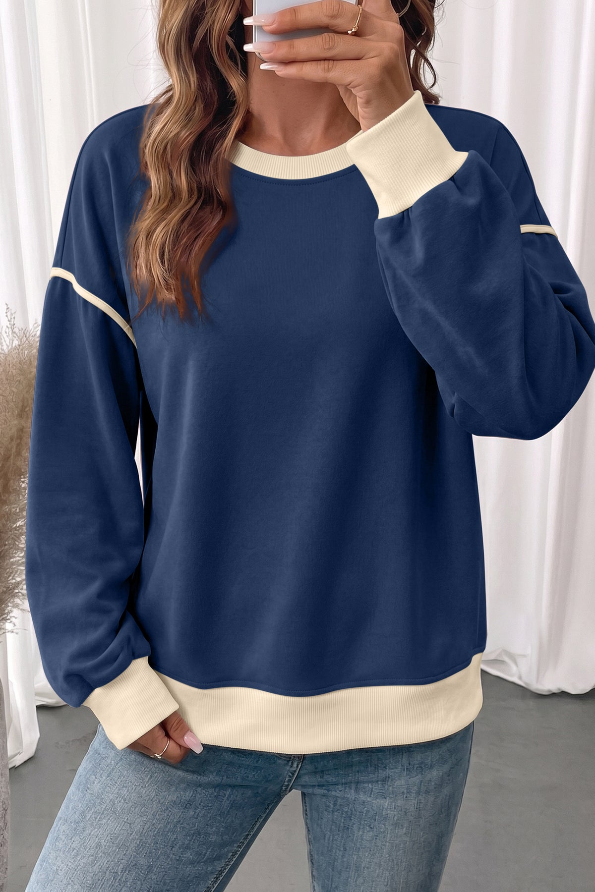 Navy Blue Colorblock Drop Shoulder Pullover Sweatshirt