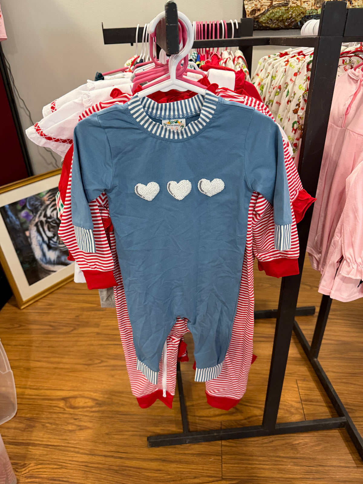 French Knot White Trio Hearts Romper