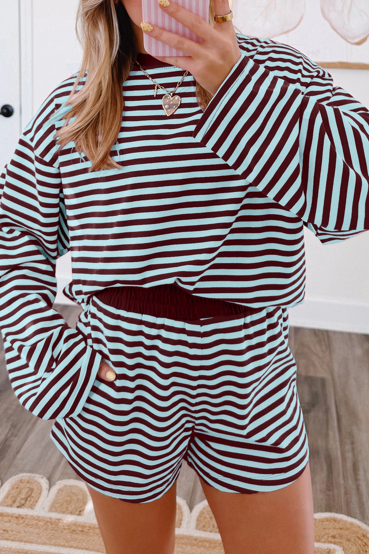 Brown Stripe Relaxed Long Sleeve Top Contrast Elastic Waistband Short Set