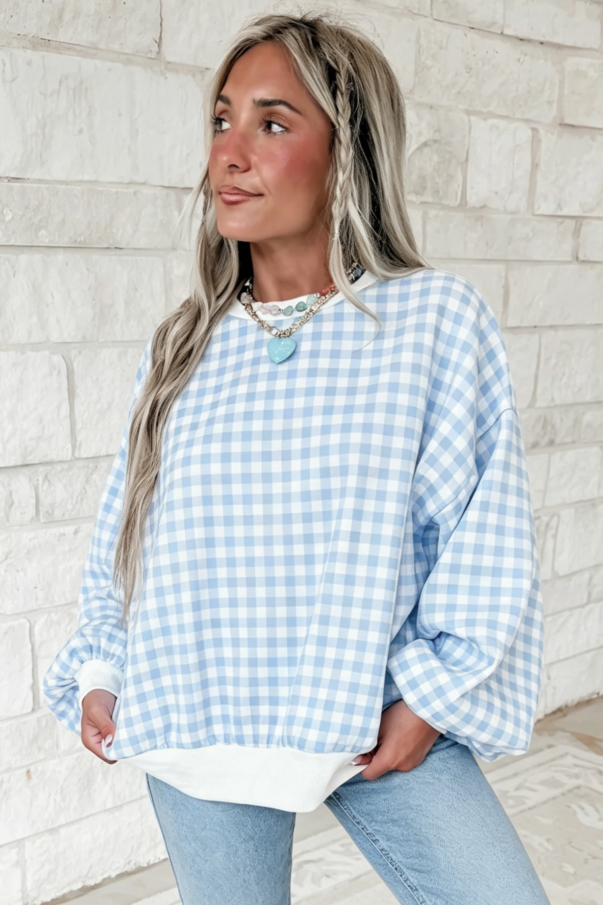 Pink Plaid Round Neck Long Sleeve Sweatshirt