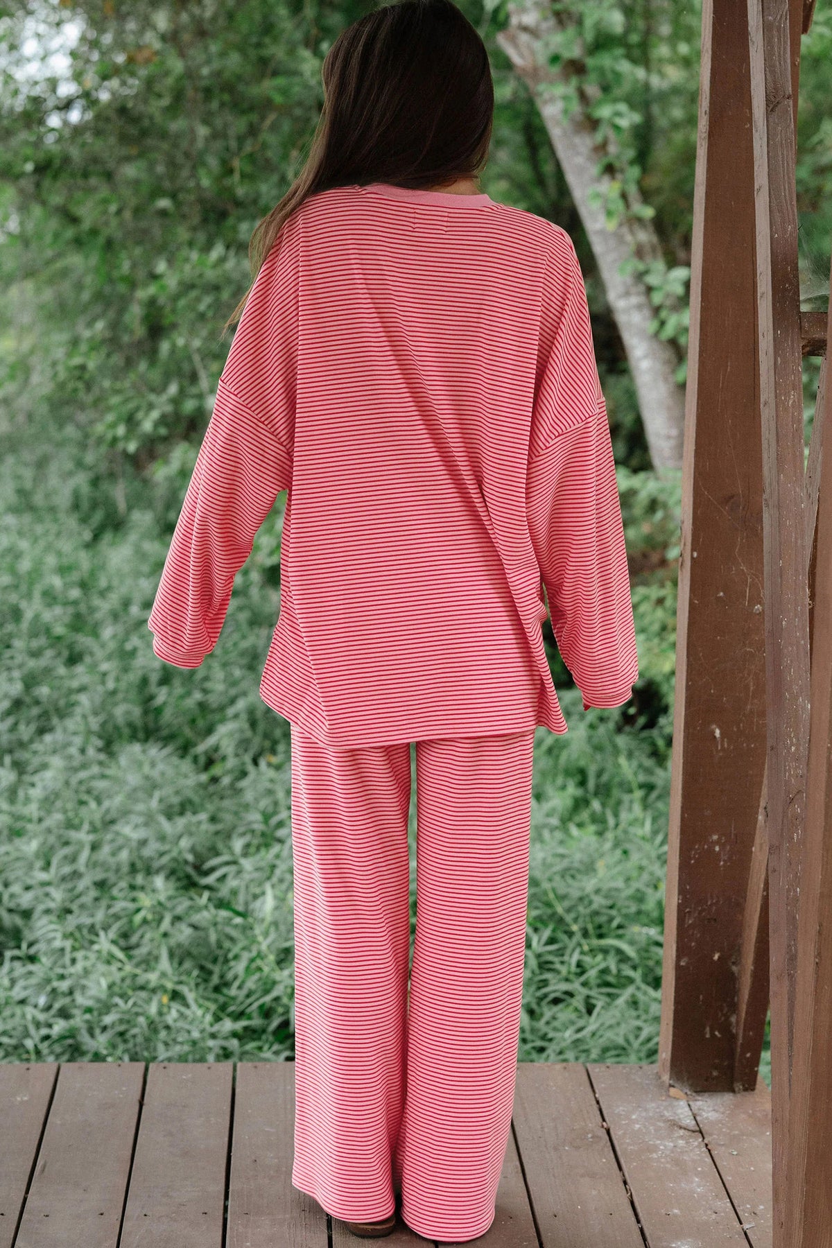 Blue Stripe Contrast Trim Round Neck Oversize Long Sleeve Top 2pcs Pant Set