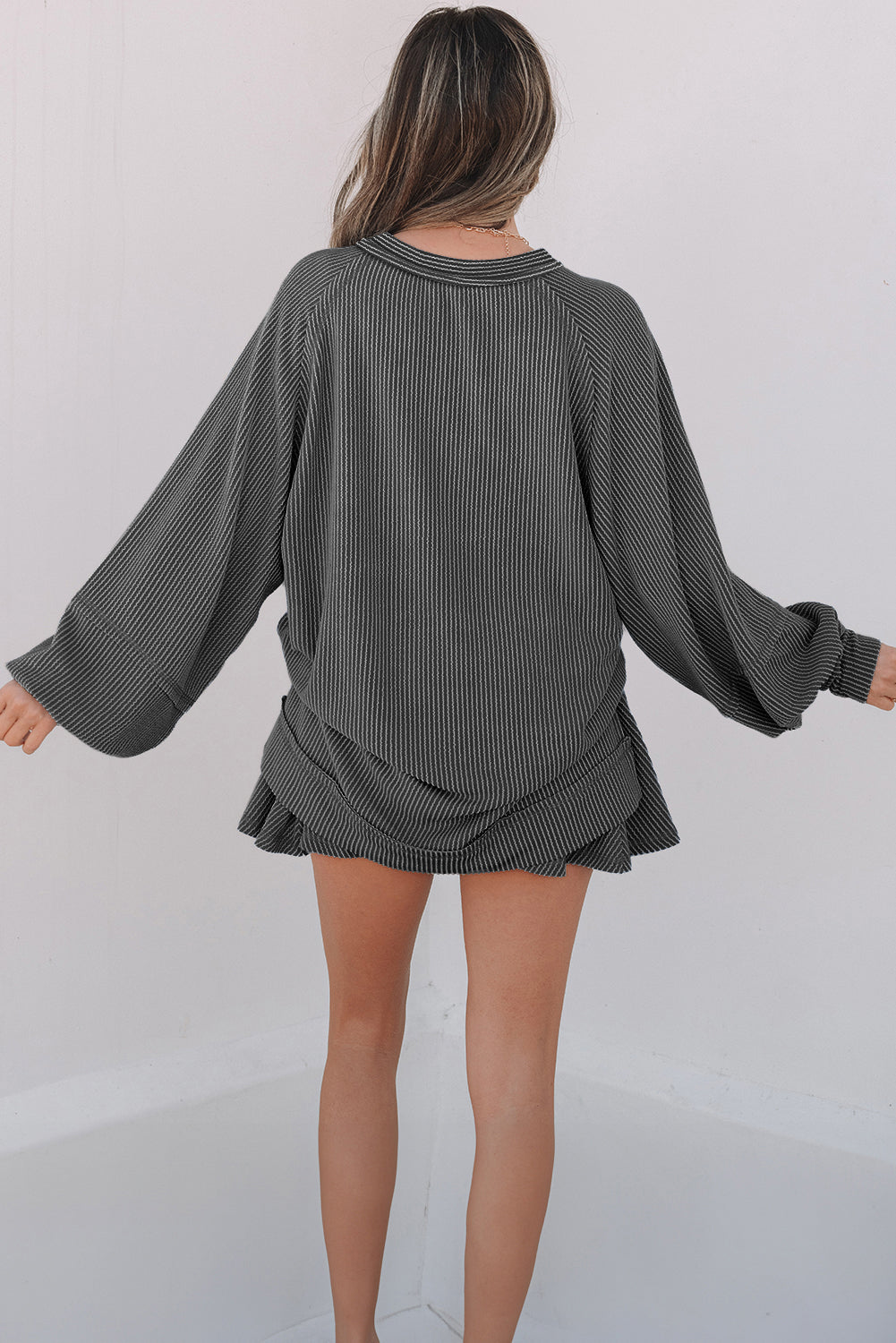 Jet Stream Corded Lantern Sleeve Top High Waist Ruffled Mini Skort Set