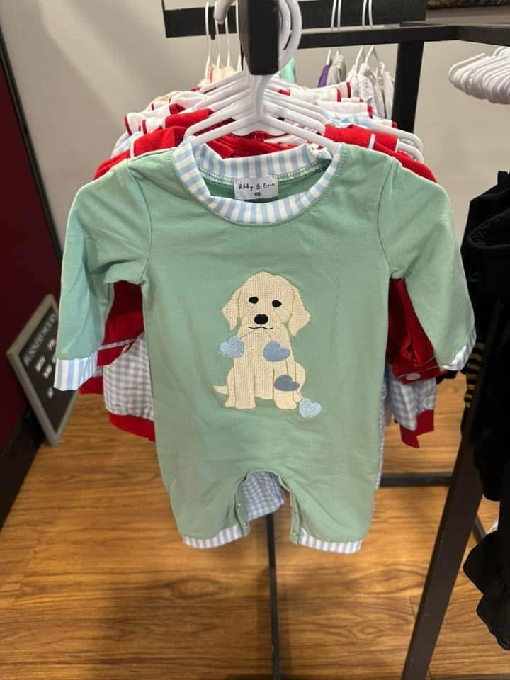 Green Puppy Hearts Boys Romper