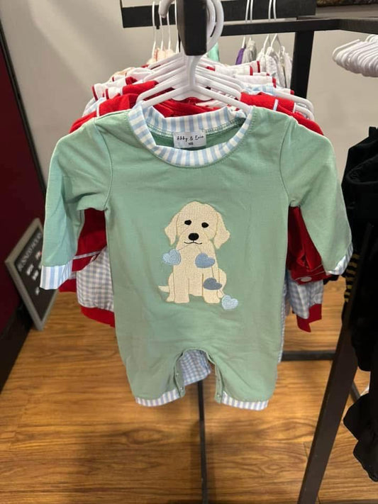 Green Puppy Hearts Boys Romper