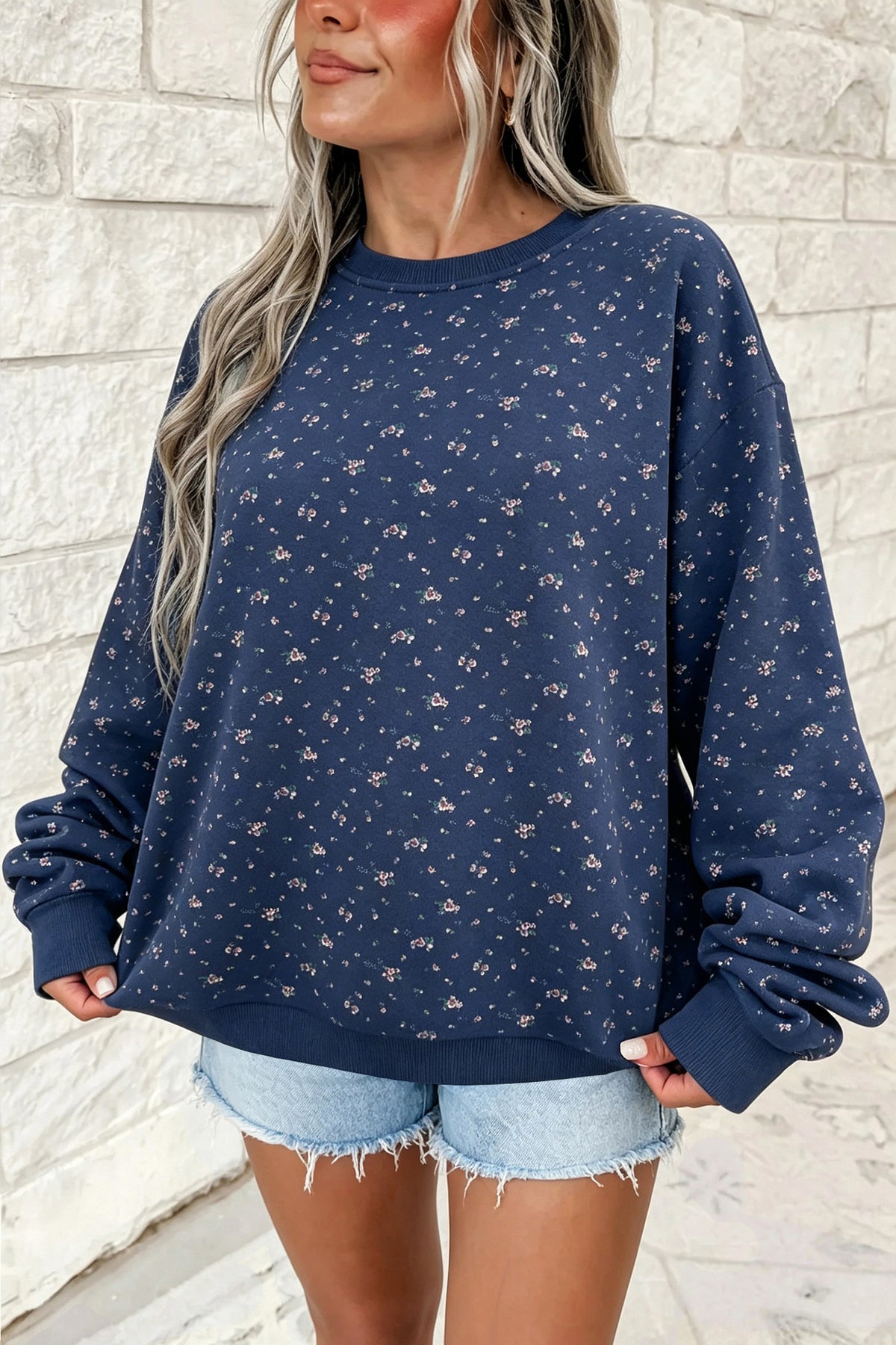 Dirty blue Floral Print Round Neck Dropped Shoulder Casual Pullover Sweatshirt