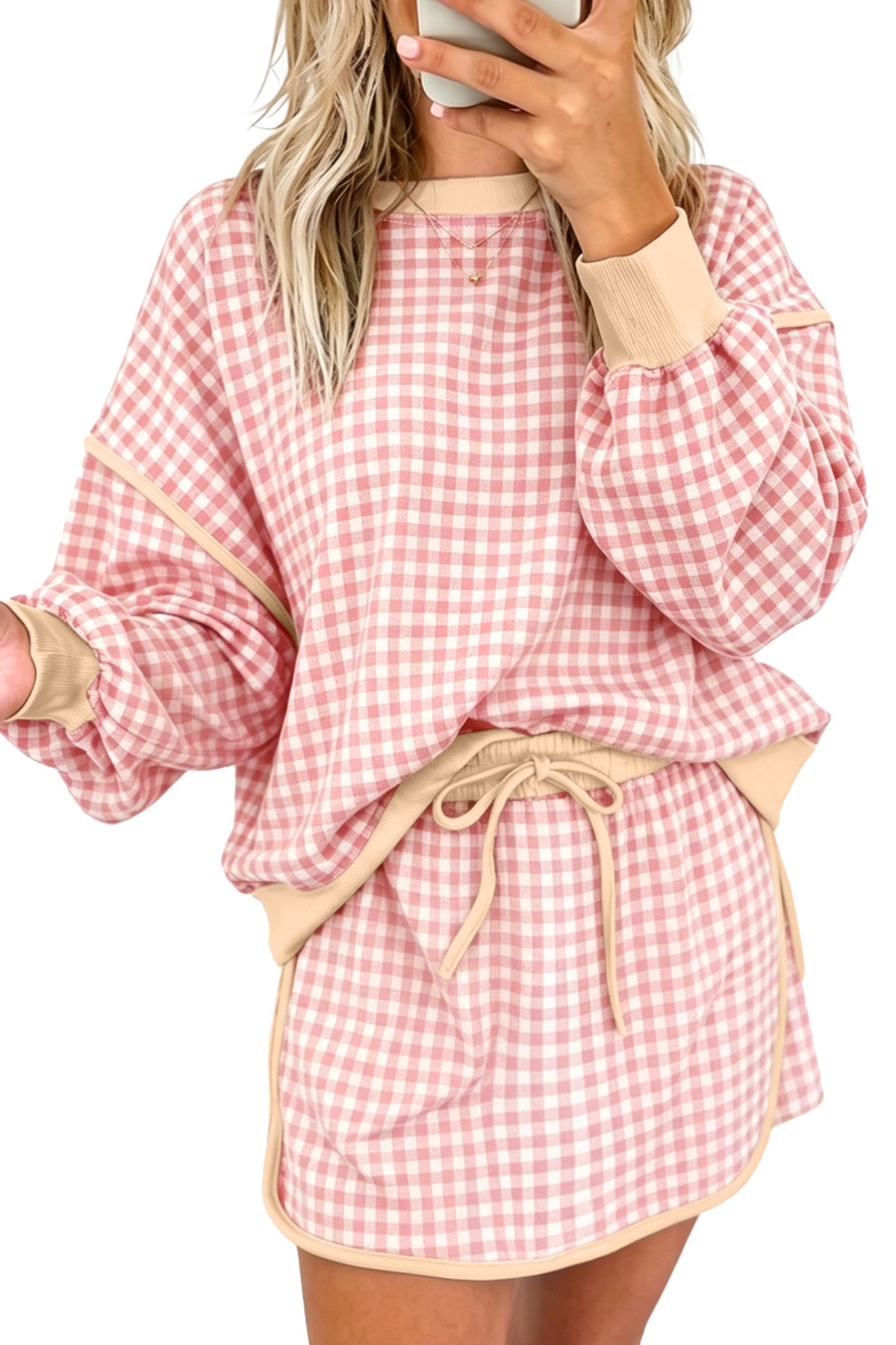 Red Gingham Oversized Ribbed Trim Crew Neck Long Sleeve Top and Skort Set