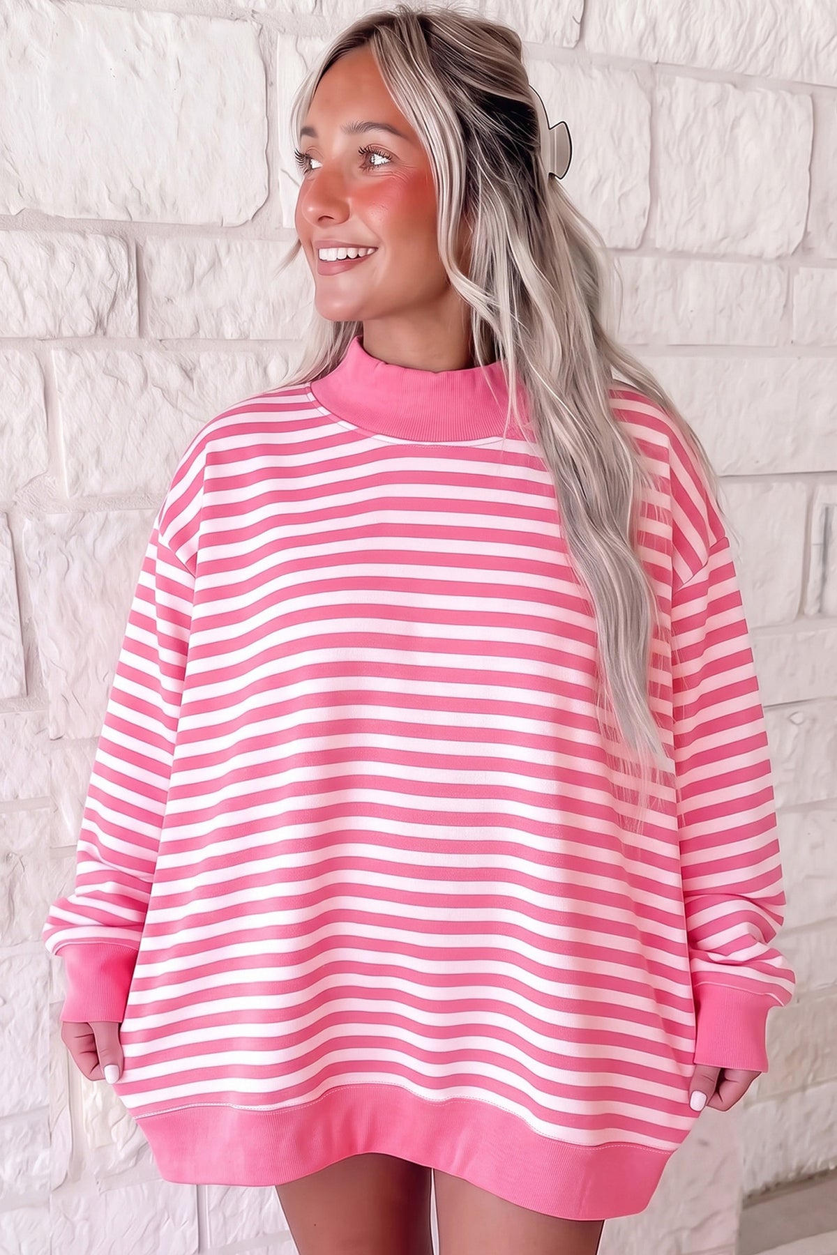 Green Stripe Cozy Mock Neck Oversized Tunic Sweatshirt