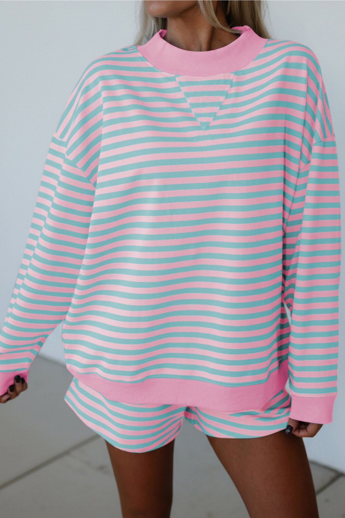 Pink Stripe Color Block Detail Long Sleeve Pullover Elastic Waist Pull On Shorts 2pcs Set