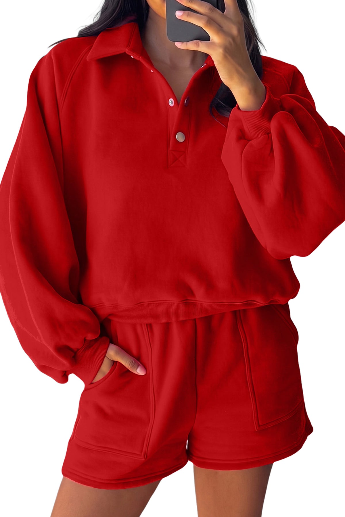 Fiery Red Half Button Puff Sleeve Relaxed Pullover and Shorts 2pcs Outfit