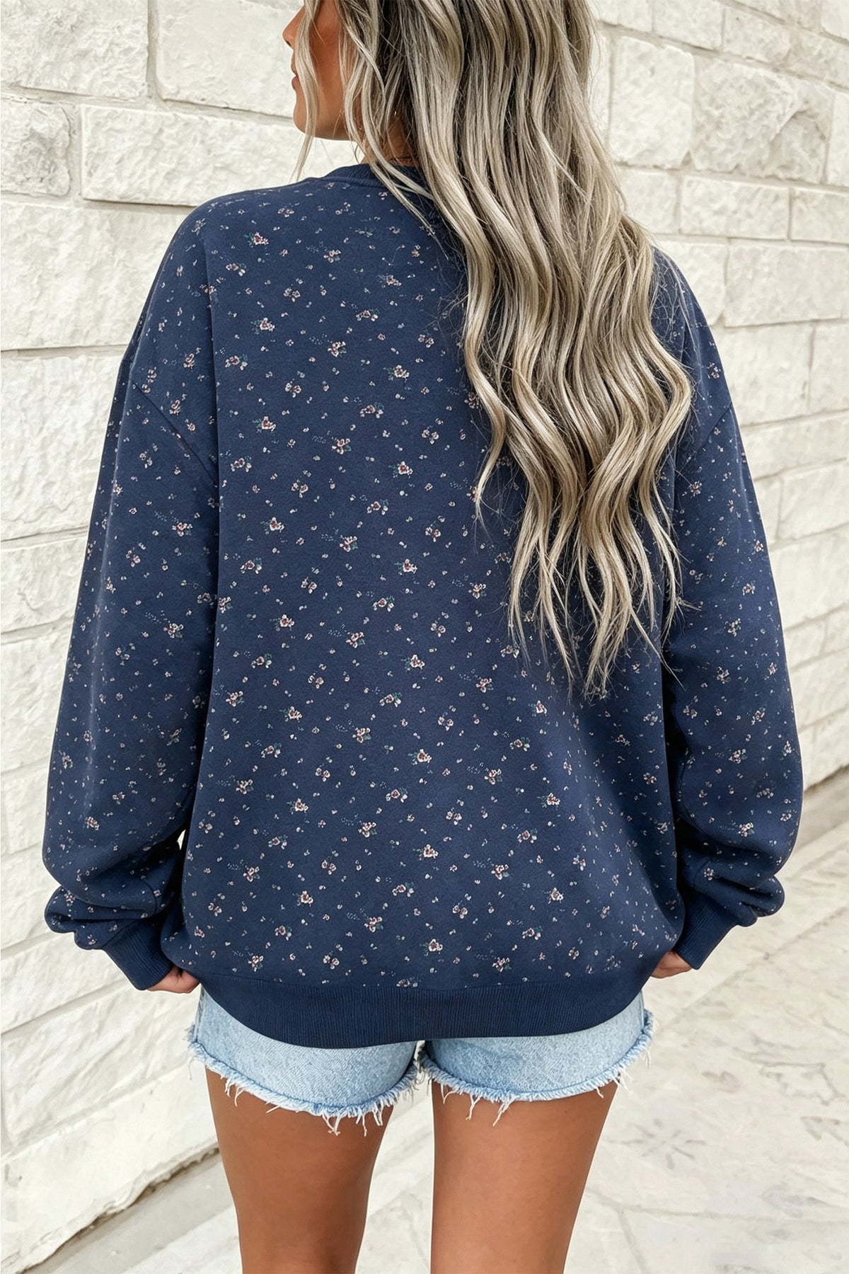 Dirty blue Floral Print Round Neck Dropped Shoulder Casual Pullover Sweatshirt