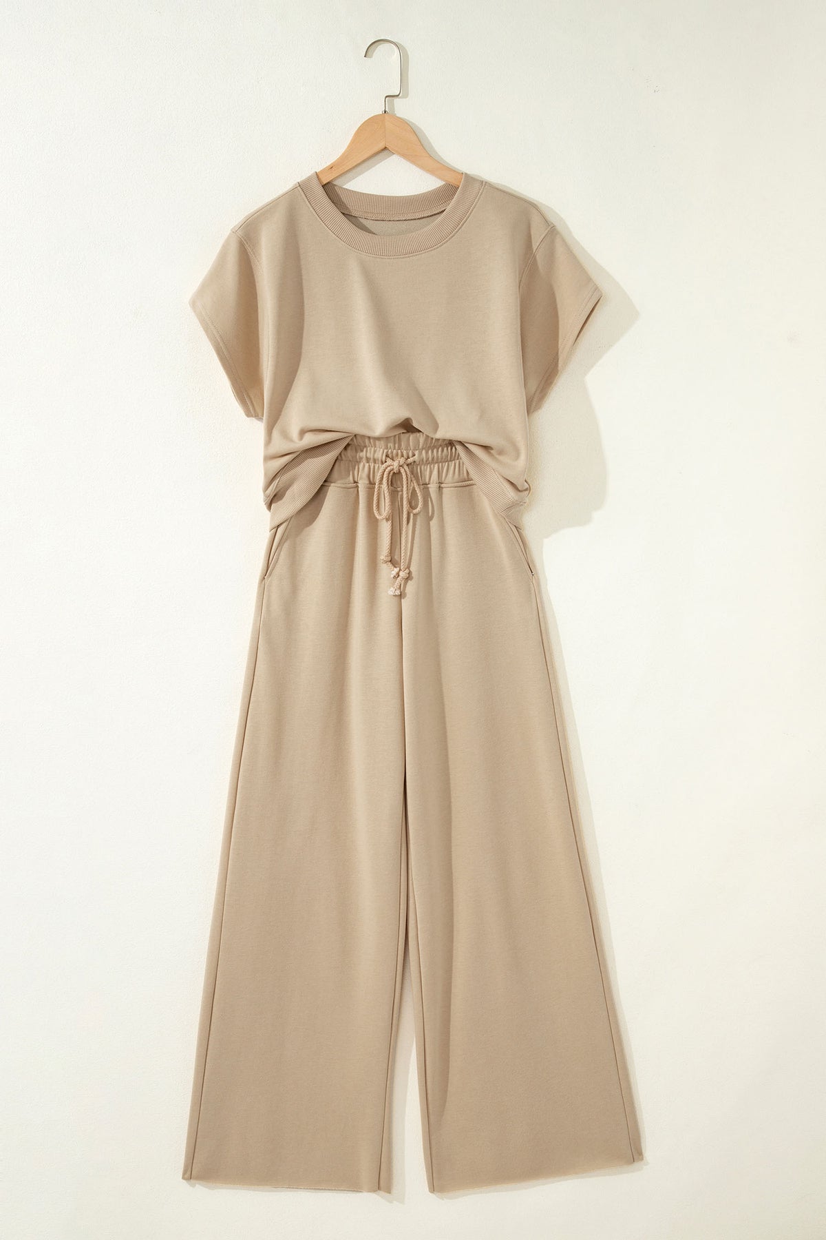 Parchment Solid Color Loose Tee Drawstring Wide Leg Pants 2pcs Outfit