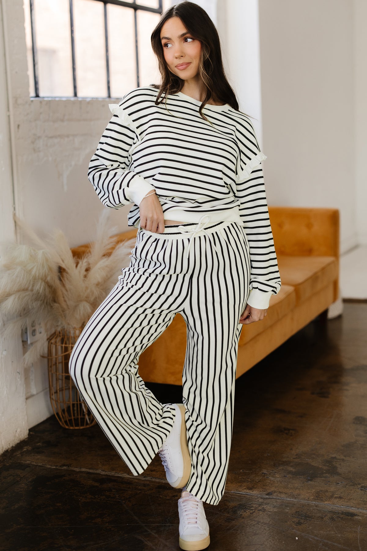 White Stripe Ruffle Trim Drop Shoulder Top Drawstring Loose Pant Set
